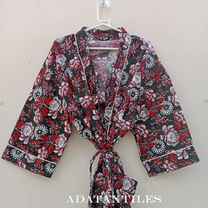 Handmade Floral Block Print Cotton Kimono Robe: Plus Size Beach Cover-Up