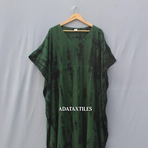Tie Dye Rayon Kaftan Dress: Green Black Boho Beach Cover Up