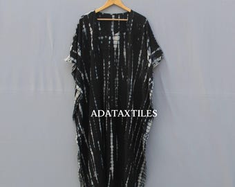 Black & White Tie-Dye Rayon Kaftan Dress, Boho Loungewear
