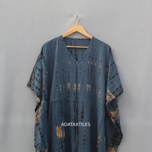 Boho Tie Dye Rayon Kaftan klänning, blå batik kaftan, lös passform maxiklänning