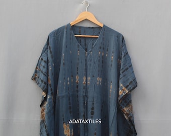 Boho Tie Dye Rayon Kaftan Dress, Blue Batik Caftan, Loose Fit Maxi Dress