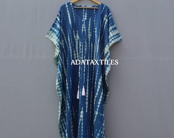 Blue Tie-Dye Rayon Kaftan Dress: Handmade Boho Beach Cover-Up