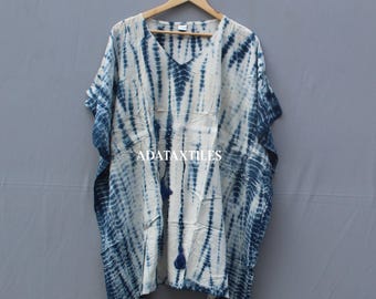 Tie Dye Rayon Kaftan Dress: Short Indian Tunic, Resort Pool Cover-Up