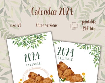 PRINTABLE CALENDAR 2024 ANIMALS Cute Watercolor Illustrations Digital Calendar Monthly Planner Instant Download A4 English