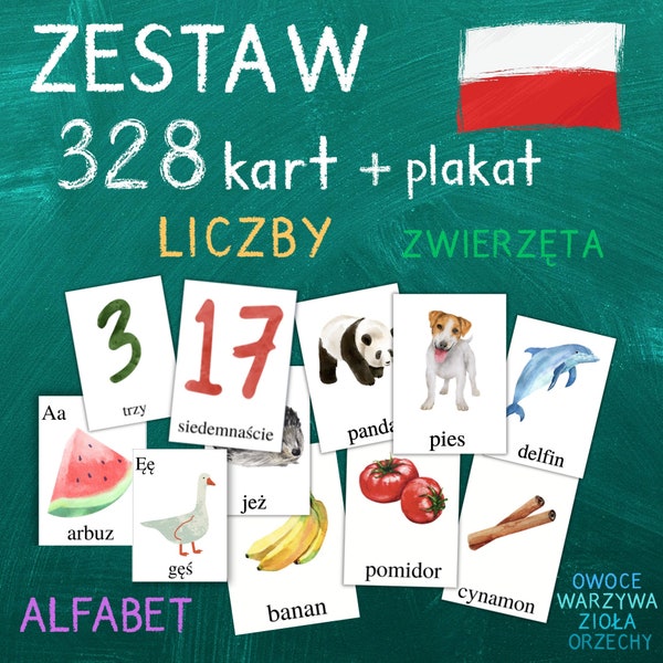 ZESTAW KARTY POLSKI 328 Kart Do Nauki Plakat Alfabet Liczby Zwierzęta Owoce Warzywa Zioła Orzechy Homeschooling Montessori Pdf Do Druku