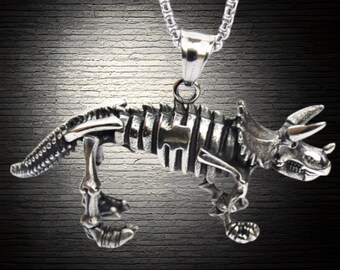 Triceratops Skeleton Dinosaur Stainless Steel Pendant Necklace | Prehistoric Extinct Fossil Complex Triceratops Design Amulet Jewelry Piece