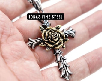 Christian Rosicrucian Rose Cross Stainless Steel Pendant Necklace | Faith Crucifix With Gold Colored Rose Center Design Amulet Jewelry Piece