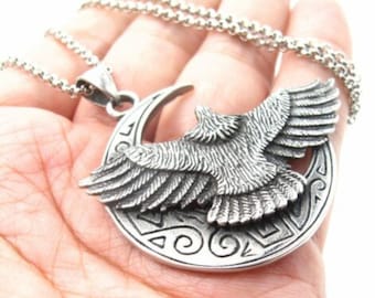 Crescent Moon Bird Totem Stainless Steel Pendant Necklace | Lunar Moon Eagle Hawk In The Night Chain Design Amulet Jewelry Piece