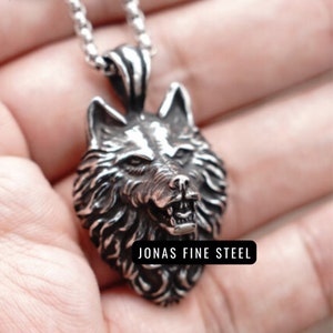 Viking Fenrir Wolf Head Stainless Steel Pendant Necklace | Ferocious And Fierce Wolf Head Chain Design Amulet Jewelry Piece