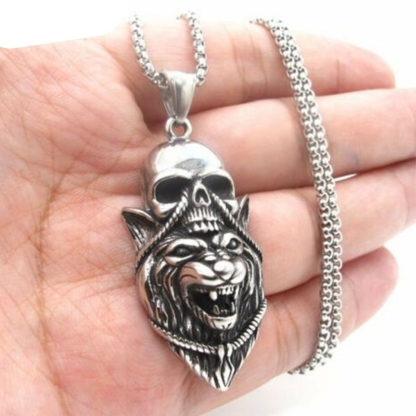 Viking Tribal Wolf Head Skull Stainless Steel Pendant Necklace | Menacing Skull and Wolf Head Chain Design Amulet Jewelry Piece