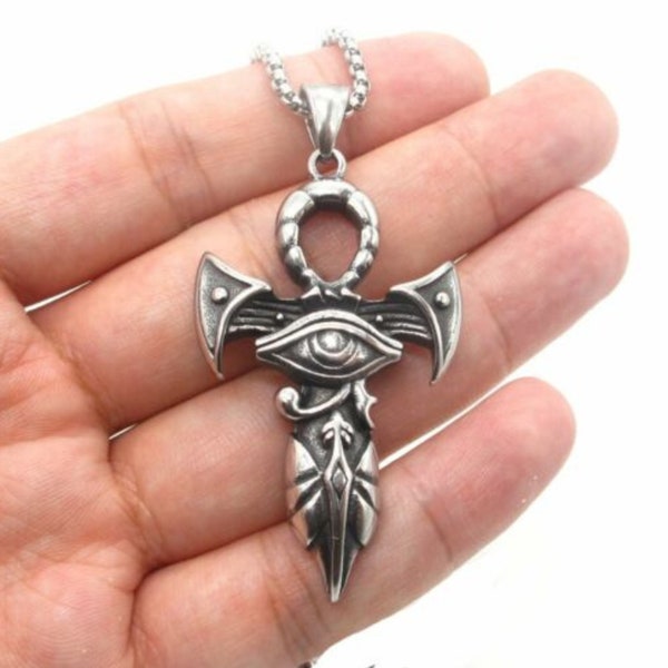 Egyptian Eye of Horus Stainless Steel Pendant Necklace | Egyptian God Ankh Cross Ra Protection Design Amulet Jewelry Piece