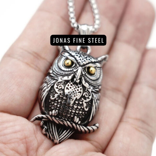 Vintage Lucky Owl Bird Stainless Steel Pendant Necklace | Intricate Wisdom Filled Owl With Yellow Eyes Chain Design Amulet Jewelry Piece