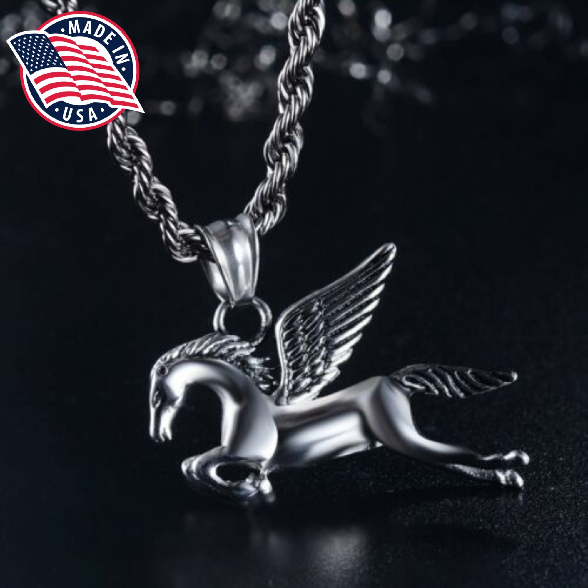 Majestic Flying Pegasus Stainless Steel Pendant Necklace | Magical Flying Pegasus Horse Pony Design Amulet Jewelry Piece