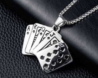 Poker Royal Flush Stainless Steel Pendant Necklace | Casino Inspired Lucky Charm Poker Hand of Royal Spades Design Amulet Jewelry Piece