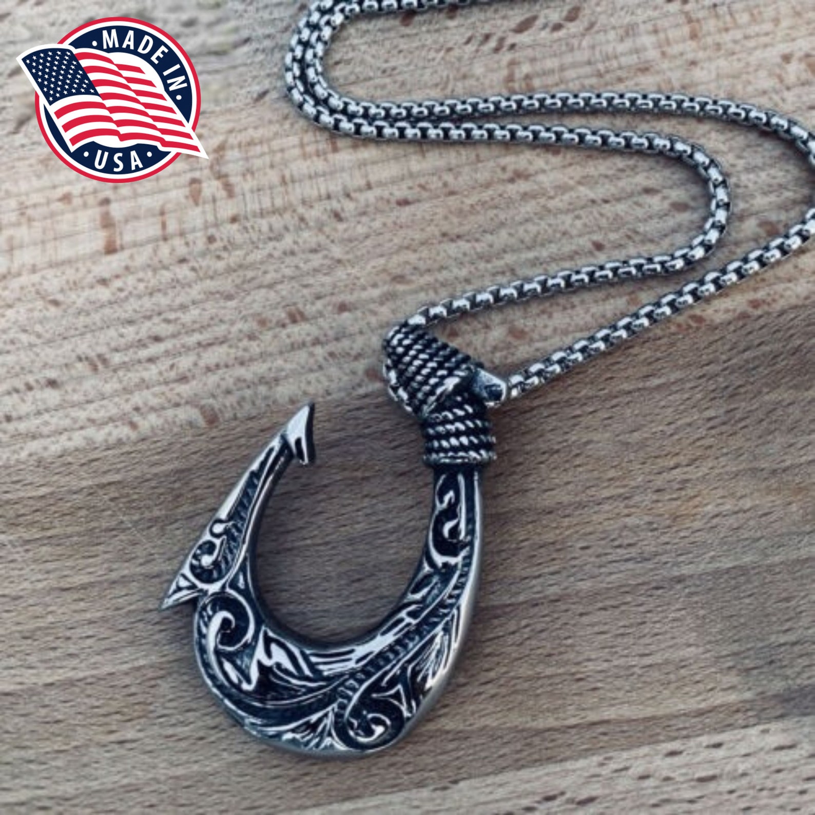 thumbnail interactive-video image 1 of Men's Stainless Steel Hawaiian Fish Hook Pendant Necklace – 316L, 24 Inch, Biker Fishing Gift – MOYOZZ 1 of 2
