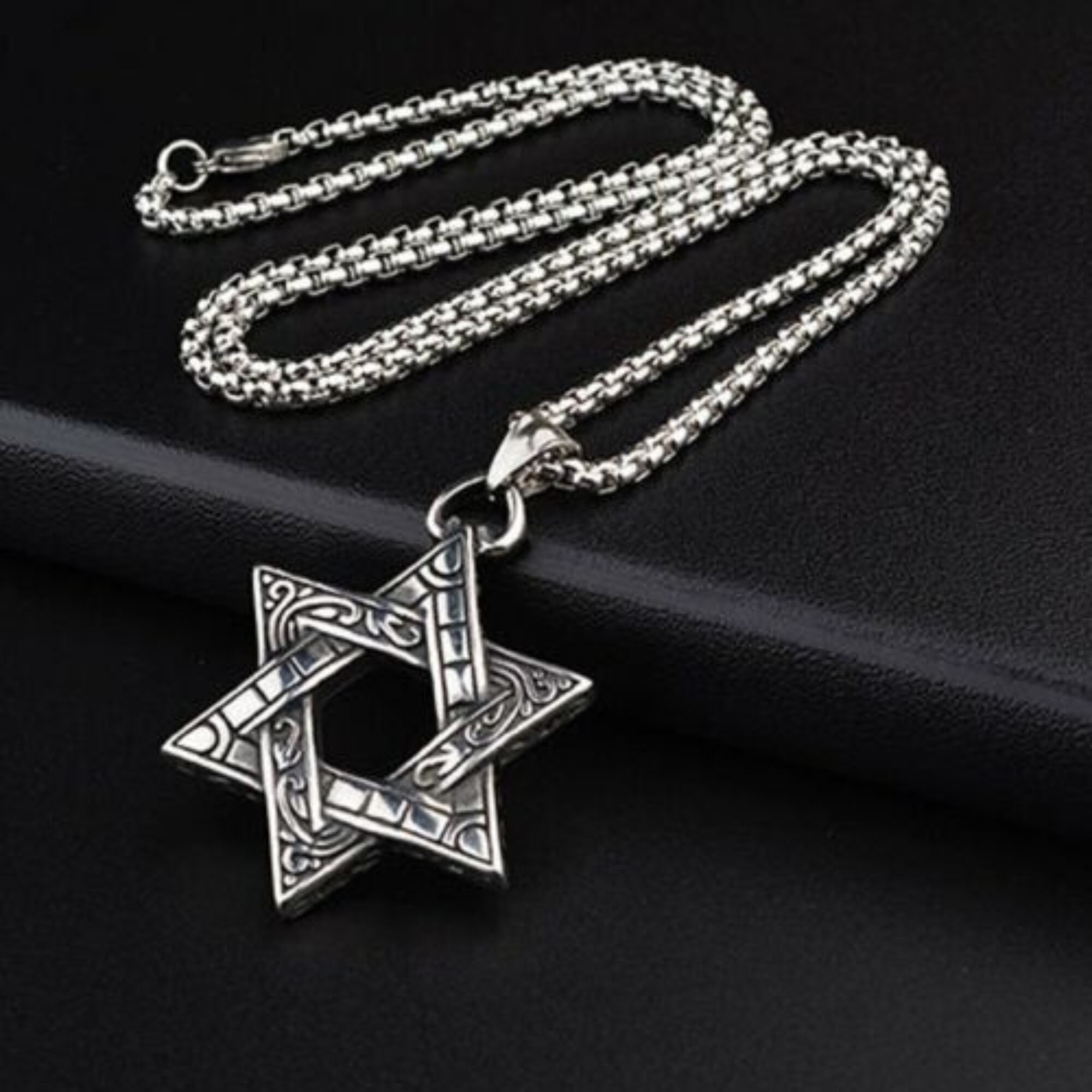 Intricate Star of David Hexagram Stainless Steel Pendant Necklace | Judaism Based Jewish 6 Point Star of David Design Amulet Jewelry Piece