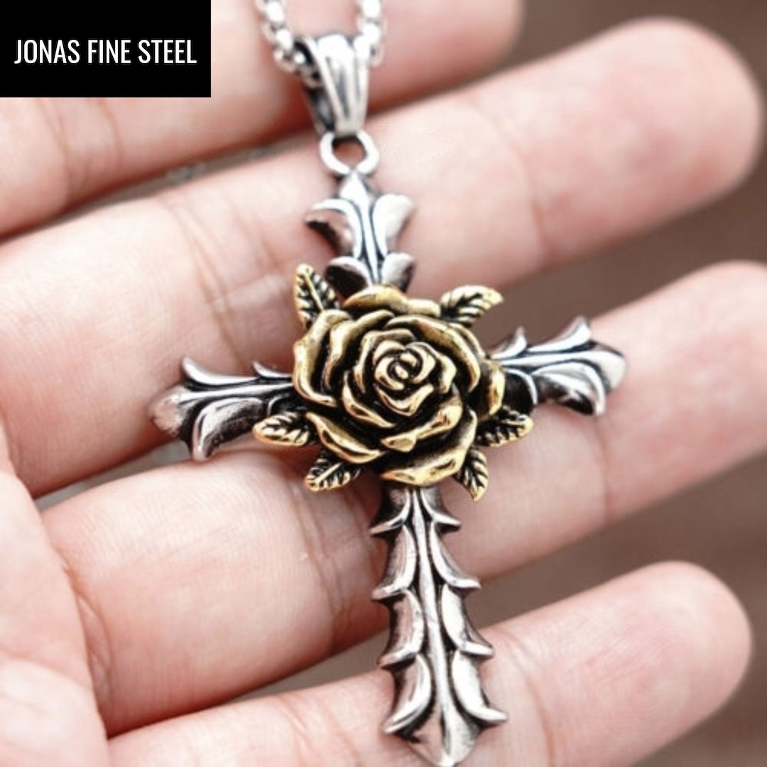 Rose Cross Pendant Necklace Rosicrucian, Christian, Crucifix, Belief