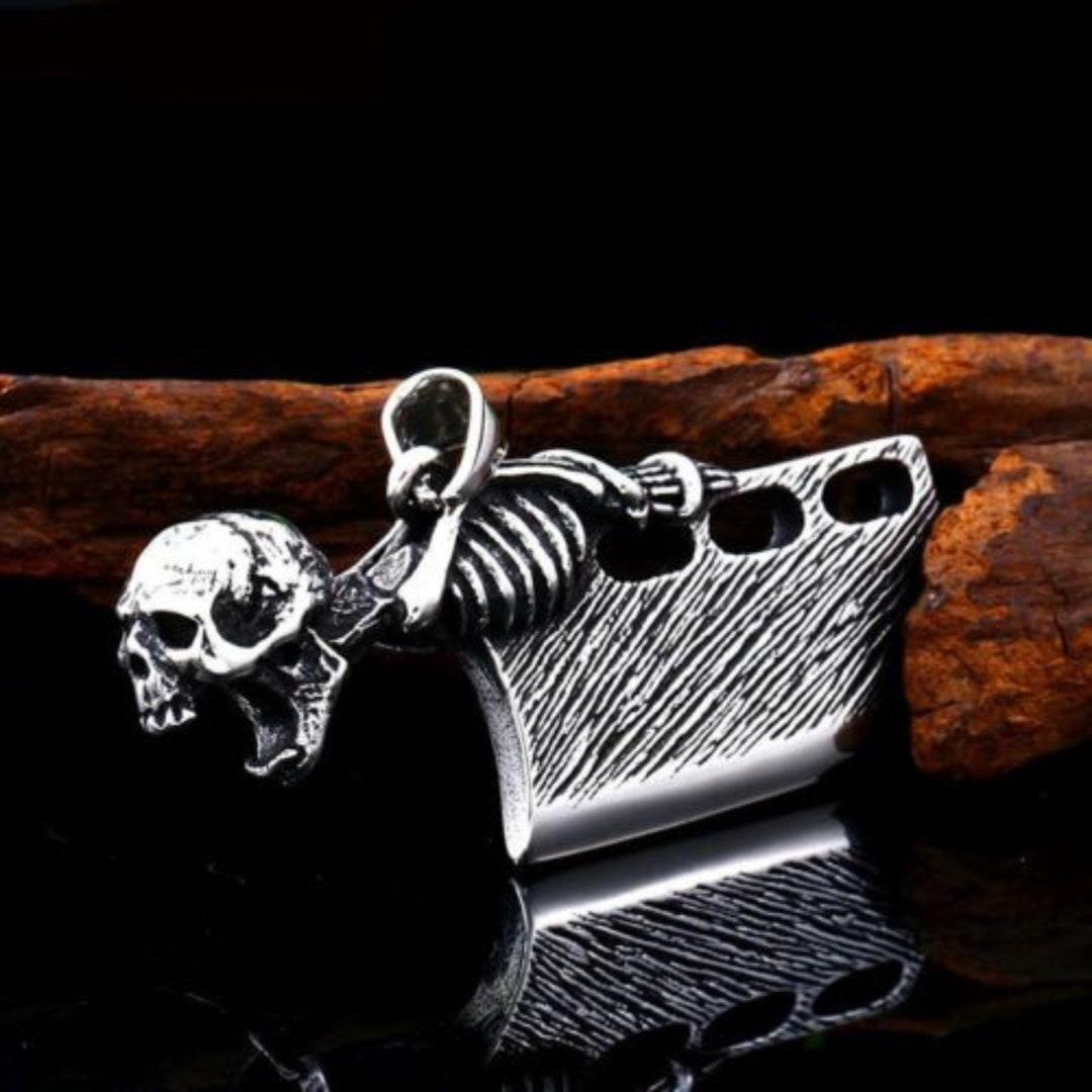 Skull Cleaver Knife Stainless Steel Pendant Necklace Bottle Opener and