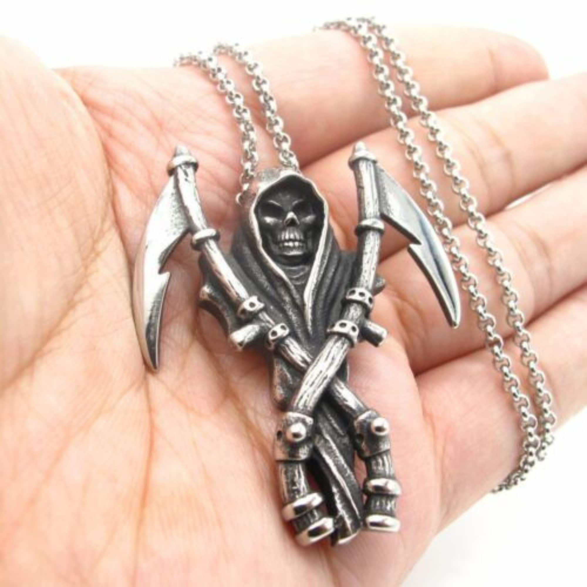 Grim Reaper Scythe Skeleton Pendant Necklace Gothic Punk Jewelry