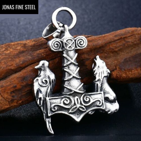Men's Viking Wolf & Raven Axe Pendant Necklace - Stainless Steel, Norse Mythology Jewelry
