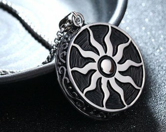 Fire Sun Solar Stainless Steel Pendant Necklace | Power of The Sun Symbol Radiating Sun Circular Medallion Design Amulet Jewelry Piece