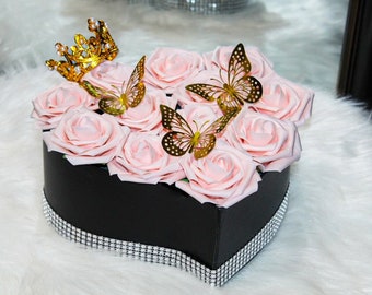 Personalized Heart Shape Rose Box With Crown And Butterflies, Blush Flower Box | Mothers Day Gift | Birthday gift| Gift For Her| Luxury Gift