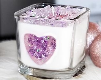 Candela di cristallo di geode di ametista con cuore nascosto di ametista • Candela di cristallo curativa • Regalo per lei • Candela per la cura di sé • Candela per la meditazione