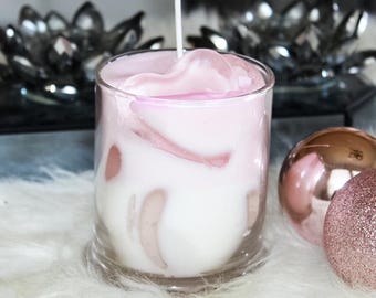 Pink and White Coffee Latte Candle with Heart Ice Cubes | Handmade Soy & Gel Wax Candle | Valentine’s Day Gift for Coffee Lovers