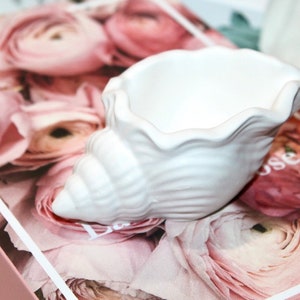 May include: White ceramic seashell shaped dish with a ruffled edge. The dish is sitting on a pink and white floral background.