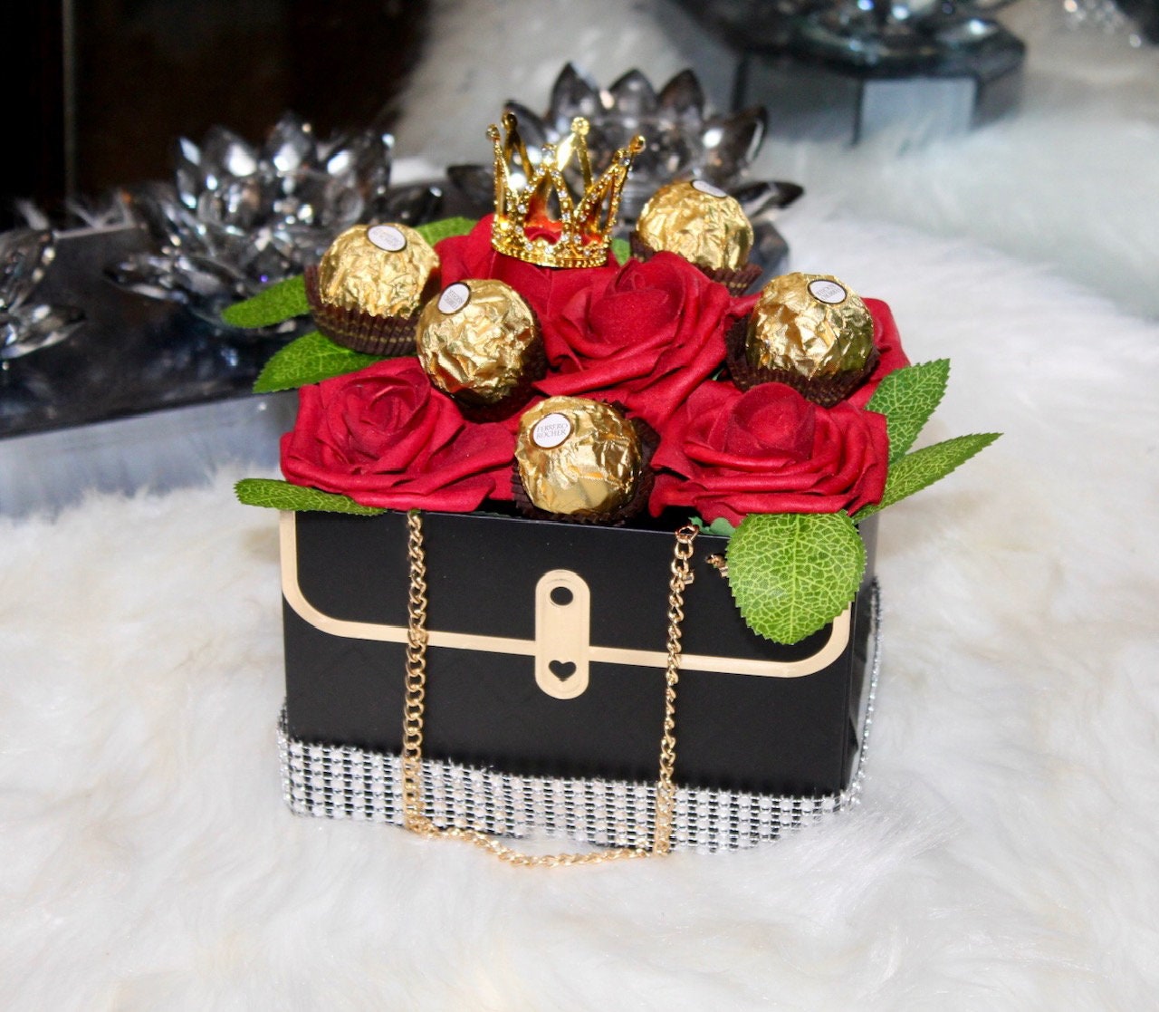 Personalized Rose gift rosé flower box anniversary rose gift artificial Rose box gift W/ Chocolates, Wedding gift Birthday Gift W/ Crown