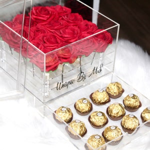 Personalized Valentine&#39;s Day Red Roses Acrylic Flower Box W/ Chocolates , Real Touch Flower Arrangement, Valentines Day Gift Centerpiece