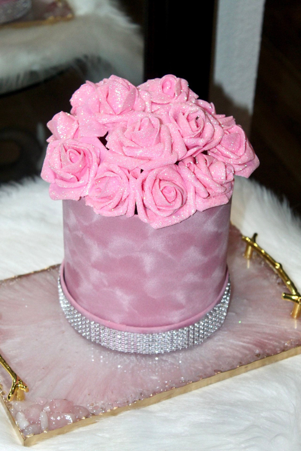 Pink Glitter Roses Arrangement: Bling Boxed Silk Flowers  display picture 3