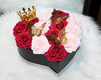 Heart Shaped Flowers Rose Box W/Crown & Butterflies ,Luxury Flower Box, Glam Decor, Flower Box Arrangement, Heart Shaped Box, Gift For Her