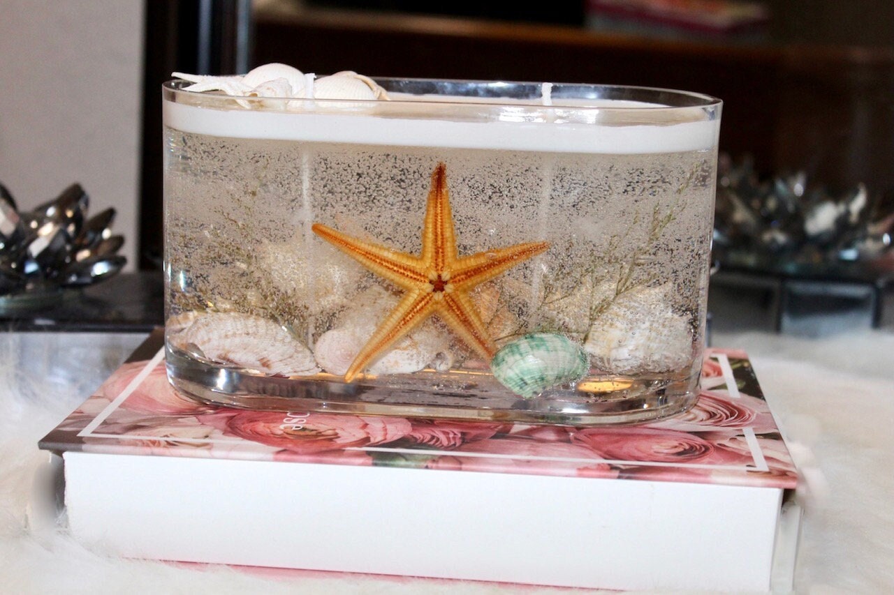 Handmade Ocean Breeze Gel Candle: Starfish & Seashells in Reusable