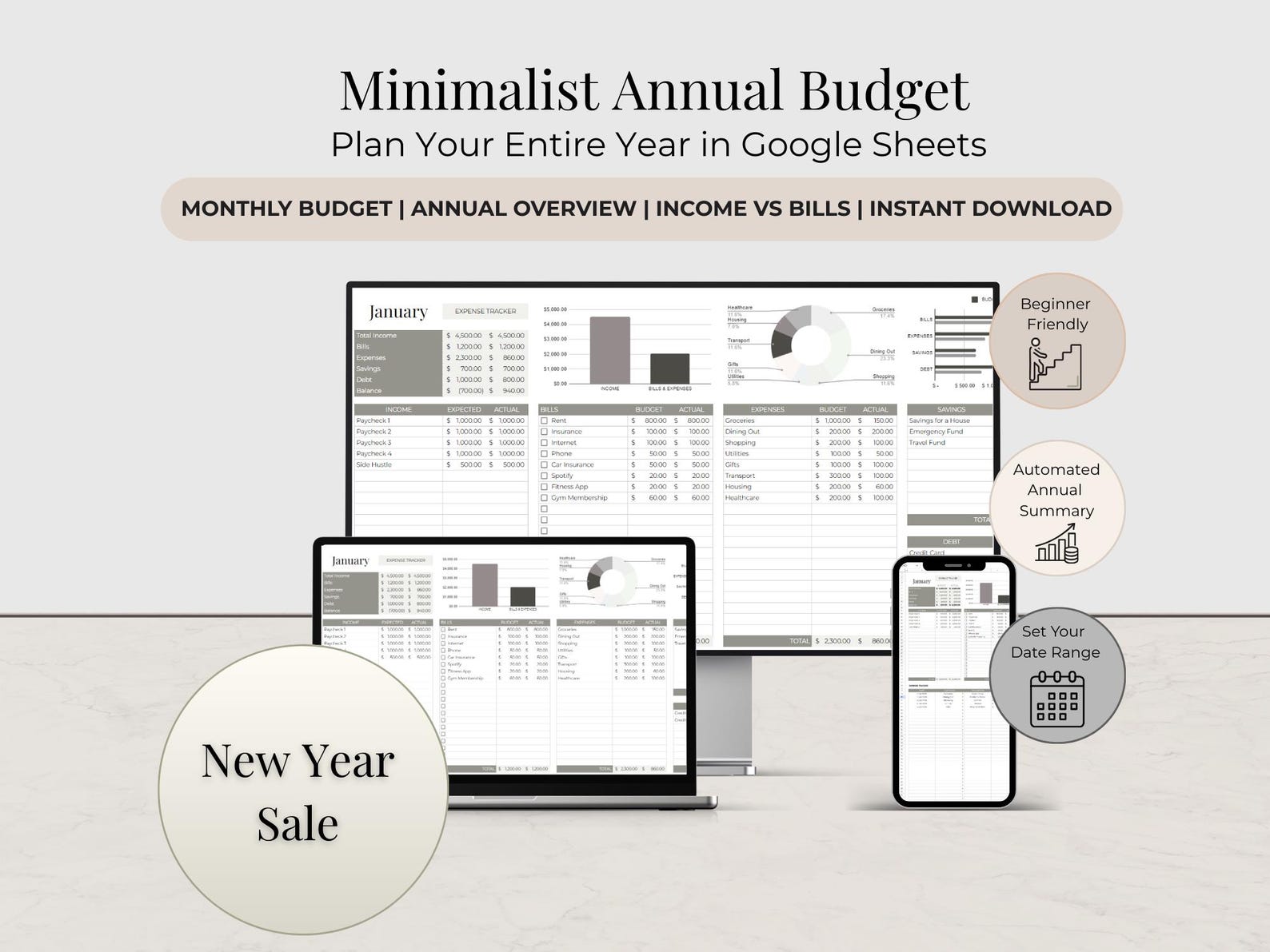 Minimalist Annual Budget Spreadsheet | Google Sheets Budget Planner ...