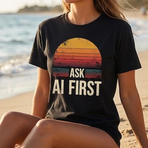 Camiseta "Pregúntale primero a la IA", camiseta con estampado retro de atardecer, camiseta divertida sobre IA, camiseta vintage con humor tecnológico, regalo para programadores, camiseta para nerds y geeks, ropa urbana de moda.