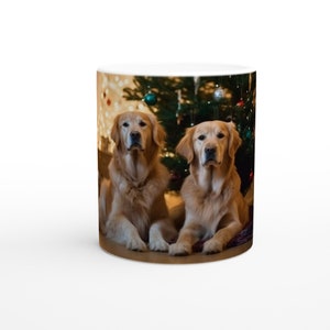 Charming Christmas Golden Retriever Mug Two Beautiful Retrievers &#39;Waiting for Santa&#39; by the Christmas Tree Ideal Holiday Gift Christmas mug