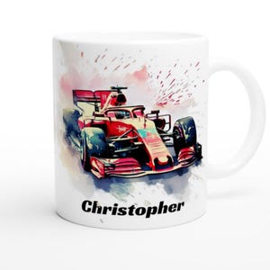 Personalized Racing Car Mug - Red Formula One Grand Prix Watercolor Design - Custom Gift for Racing Fans - Perfect Christmas Stocking Filler