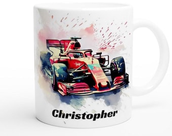 Personalized Racing Car Mug: Red Formula One Watercolor Design