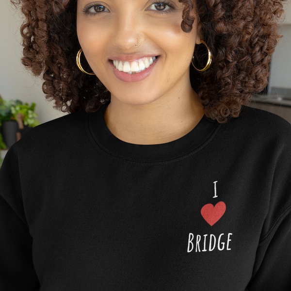 Stylish Sweatshirt with Heart Graphic I Love Bridge Expressing a Passion for Bridge Unique breast pocket design for bridge game enthusiasts