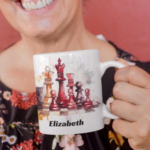 Personalized Chess Mug with Stunning Watercolor Design in Red | Custom Name Gift | Perfect for Chess Lovers Unique Christmas Stocking Filler
