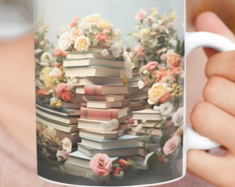 Enchanting Floral Book Mug A Perfect Gift for Book Lovers! Stunning Stacks of Books embraced by Vibrant Roses – Ideal Gift for Any Occasion!