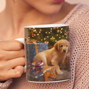 Golden Retriever Christmas Mug 3 Adorable Puppies, Presents, & Festive Tree - Perfect Holiday Gift Puppy Stocking Filler Christmas puppy mug