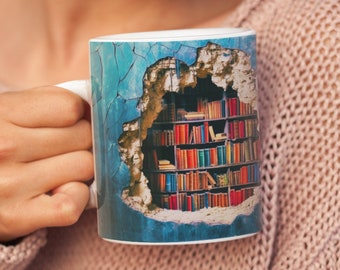 Unique Vivid 3D Effect Bookshelf Mug - Book Lovers Mug with Hidden Library Great Gift for Book Lovers & Coffee Lovers. Hole-in-the-wall mug.