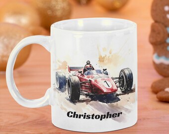 Personalized Racing Car Mug: Vintage Formula One Watercolor Design