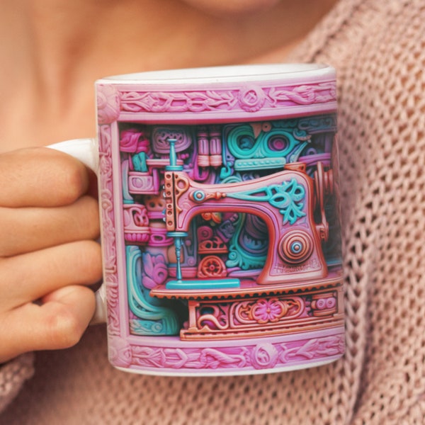 Vibrant 3D Effect Sewing Machine Mug: Perfect Gift for Quilters & Sewing Enthusiasts - Explore a Vivid Quilters Coffee Mug for Sewing Lovers