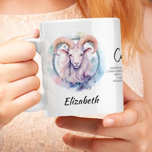 Personalized Capricorn Zodiac Mug - Watercolour Goat Design in Blue and Purple with Constellation, Star Sign, Name & Traits - Ideal Gift