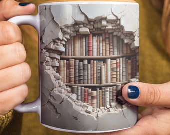 3D Cracked Hole-in-the-Wall Bookshelf Mug : Unique Book Lovers Mug with Hidden Library - Perfect Gift for Book Lovers and Coffee Enthusiasts