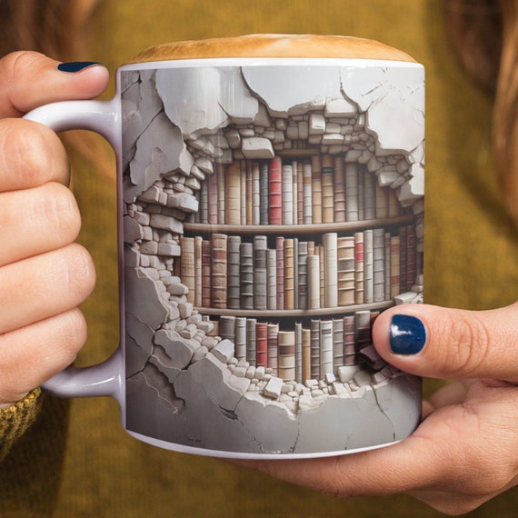 3D Bookshelf Mug: Cracked Wall Hidden Library Coffee Cup