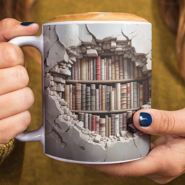 3D Cracked Hole-in-the-Wall Bookshelf Mug : Unique Book Lovers Mug with Hidden Library - Perfect Gift for Book Lovers and Coffee Enthusiasts